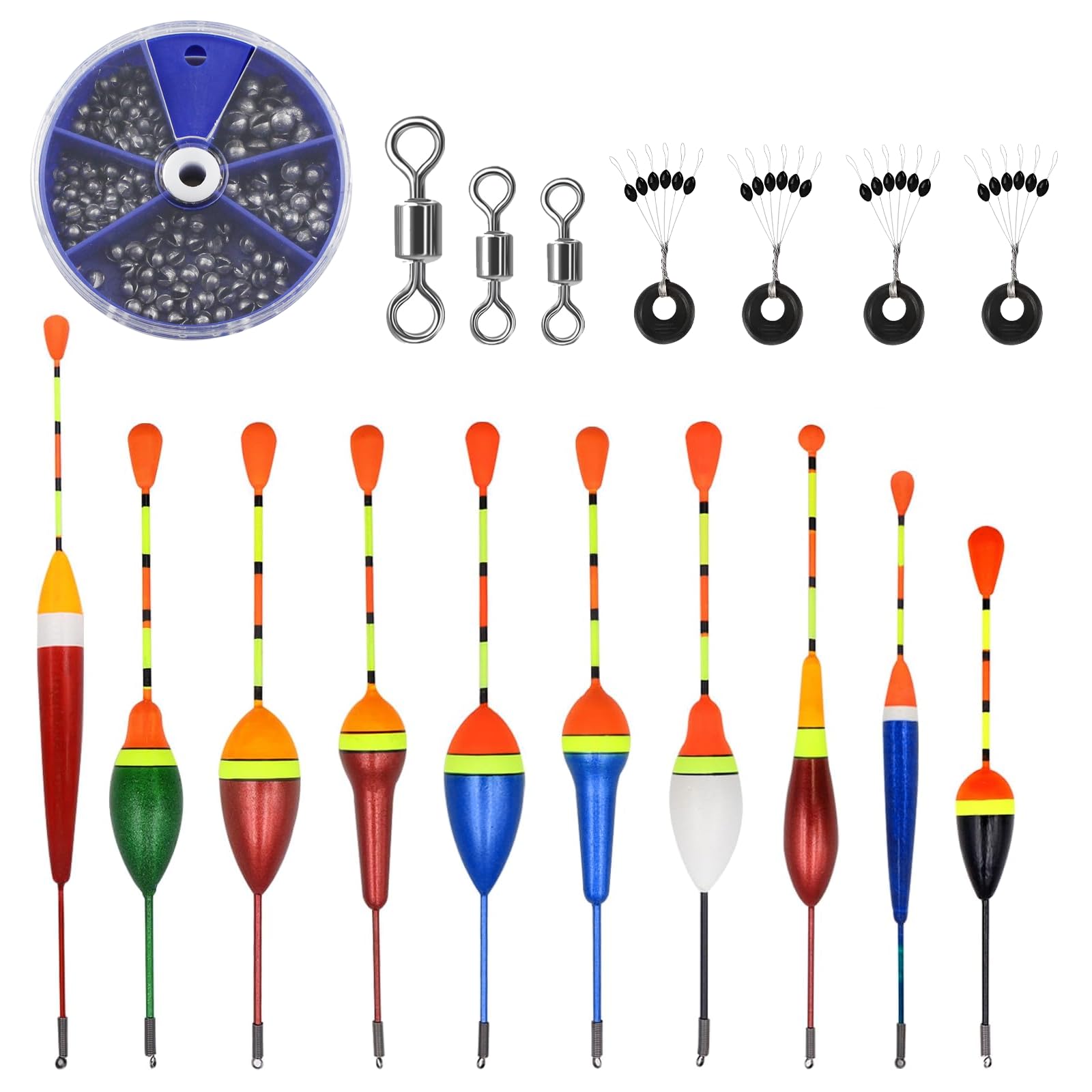 10Pcs Galleggianti da Pesca Galleggiante Pesca ad Alta Sensibilità Kit Pesca Mare 205Pcs Ciondolo Aperto 3Pcs Anello Girevole 4Pcs Stopper Galleggiante Pesca Adatto a Tutti i Tipi di Pesce