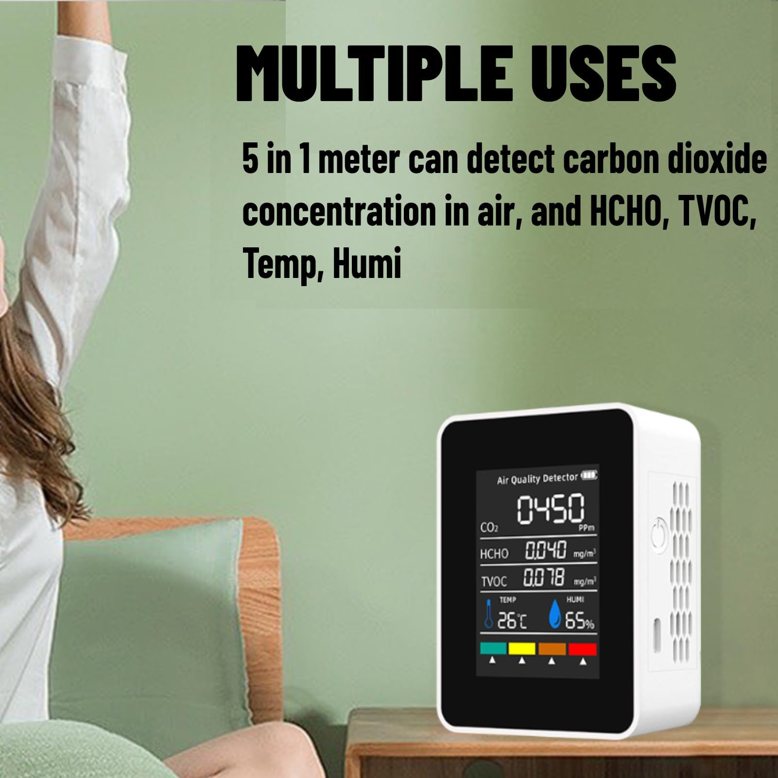 Detector de CO2 ABS Monitor de Calidad del Aire Interior con Batería 5 en 1 Dióxido de Carbono HCHO TVOC Temp Humi Meter
