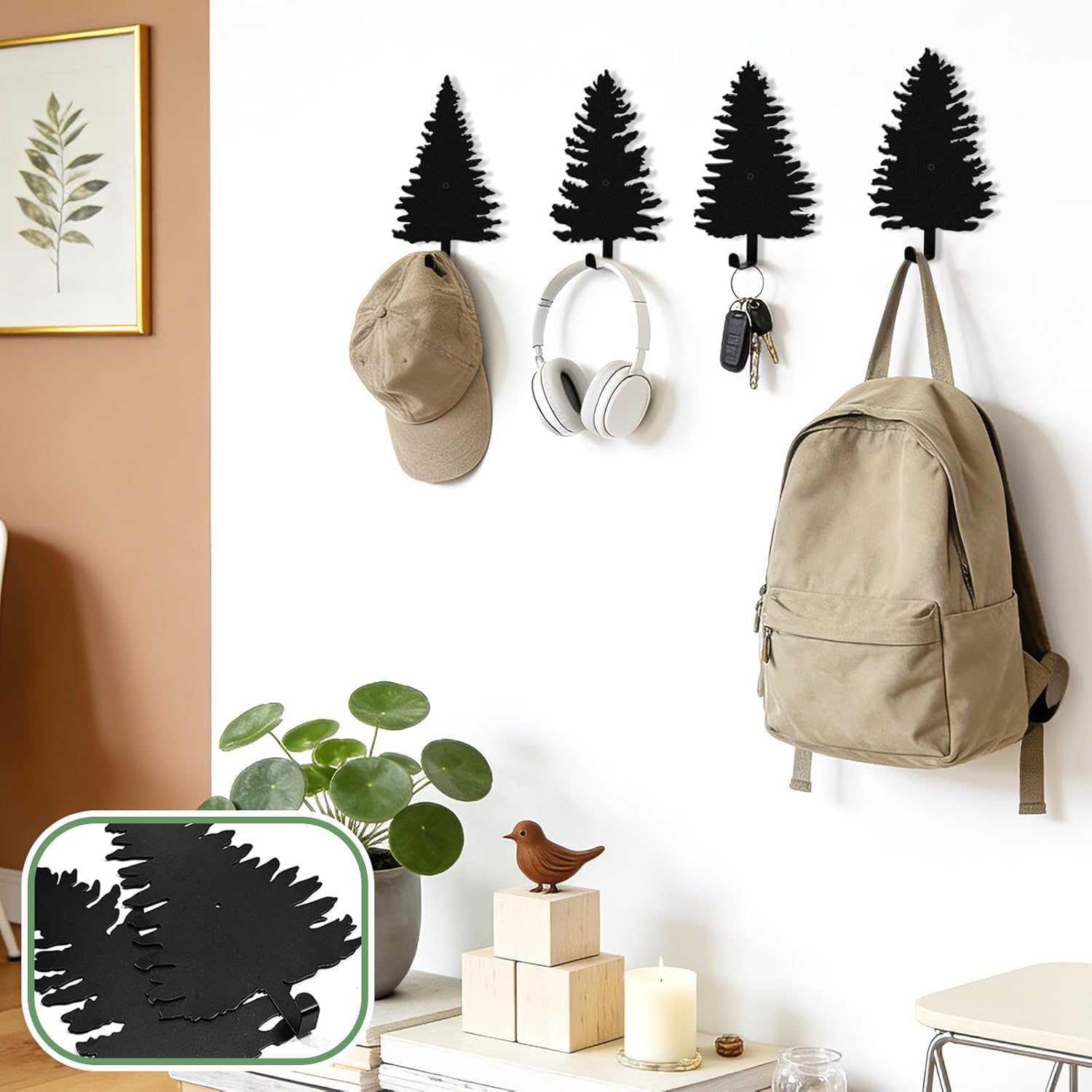Pine Tree Coat Hooks Black Metal Tree Wall Mounted Hooks Clothes Key Backpack Wall Mount Rack Hanger Rustic Bathroom Decor Hanging Holder Towel Hat Hook for Living Room Bedroom Hallway
