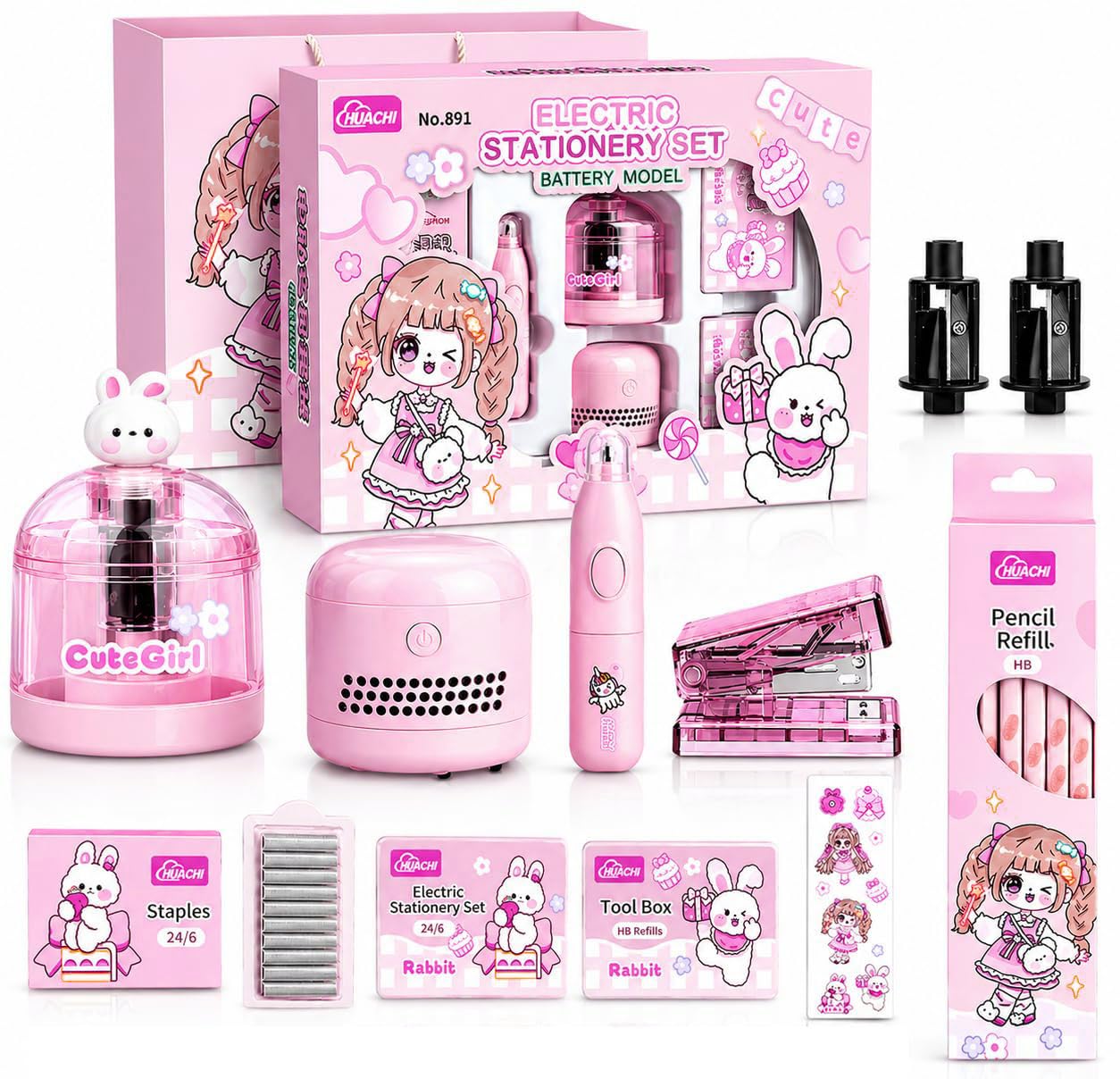Magicwand Battery Operated Pencil Sharpener,Electric Eraser,Vacuum Cleaner Stationery Set with 10 Eraser Refills for Kids,Adults for Home Office School【Flamingo Pink】-image-49