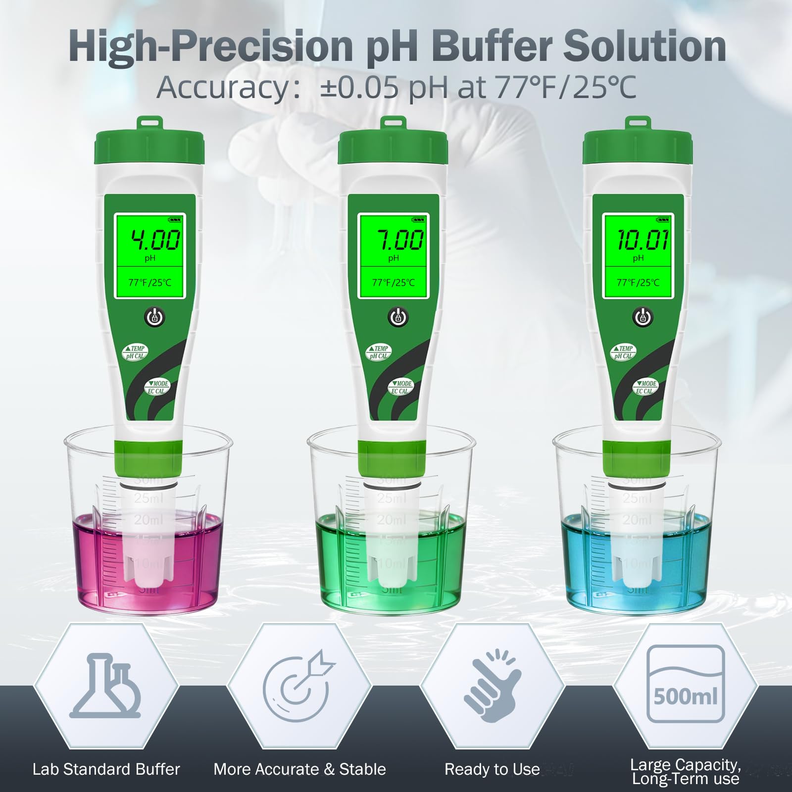 Kit de Solution d'étalonnage pour pH Metre, 3 Flacons de 500 ml Solution Tampon pH 7.00/4.00/10.01 avec 3 Gobelets Doseurs, et 30 ml Solution de Stockage de Sonde pH, Mesures de pH