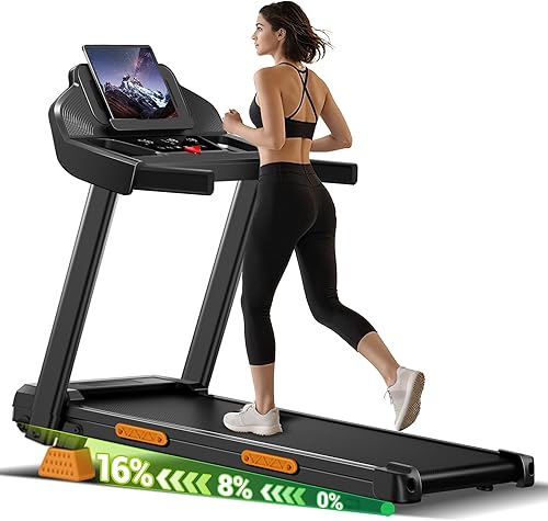 Cintas de correr para el hogar con 16% de inclinación y pantalla LED, cinta de correr plegable de 7 capas que absorbe los golpes con barra de mango