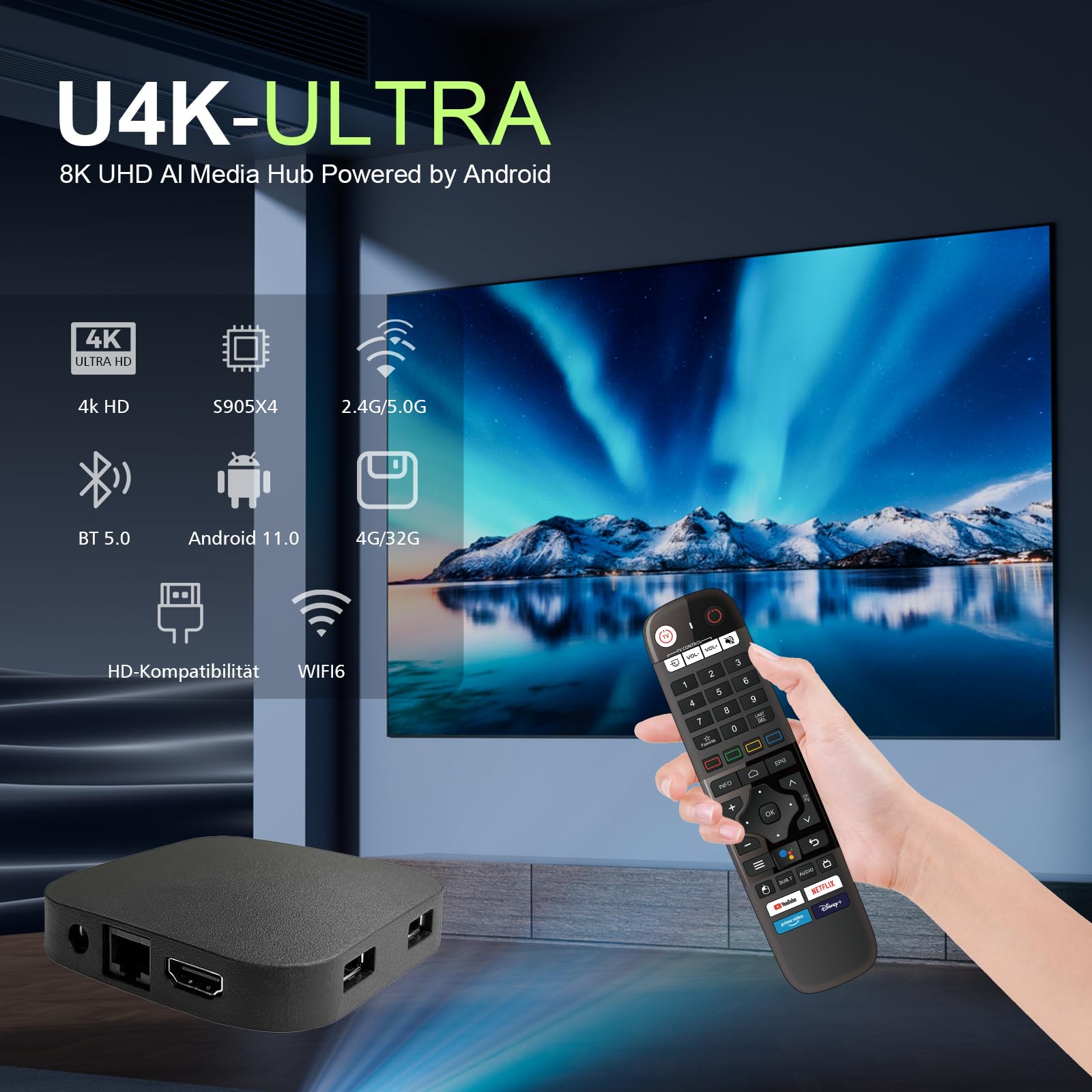 BOXPUT Q8 – Android 11.0 TV Box 4K Amlogic S905Y4, 4GB RAM + 32GB, Wi-Fi Dual-Band BT 5.0, Telecomando Vocale