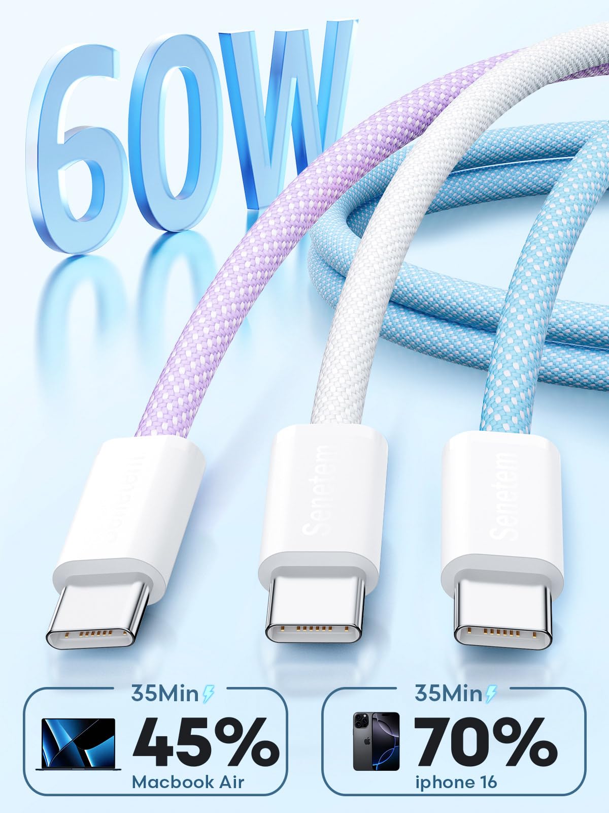 Kabel USB C na USB C, 3 szt., 60 W (20 V/3 A), długi przewód do szybkiego ładowania do iPhone'a 15 16 Pro Max Plus, Samsung Galaxy S24/S23 S22, MacBook/iPad/Pixel/Apple/Android USB-C