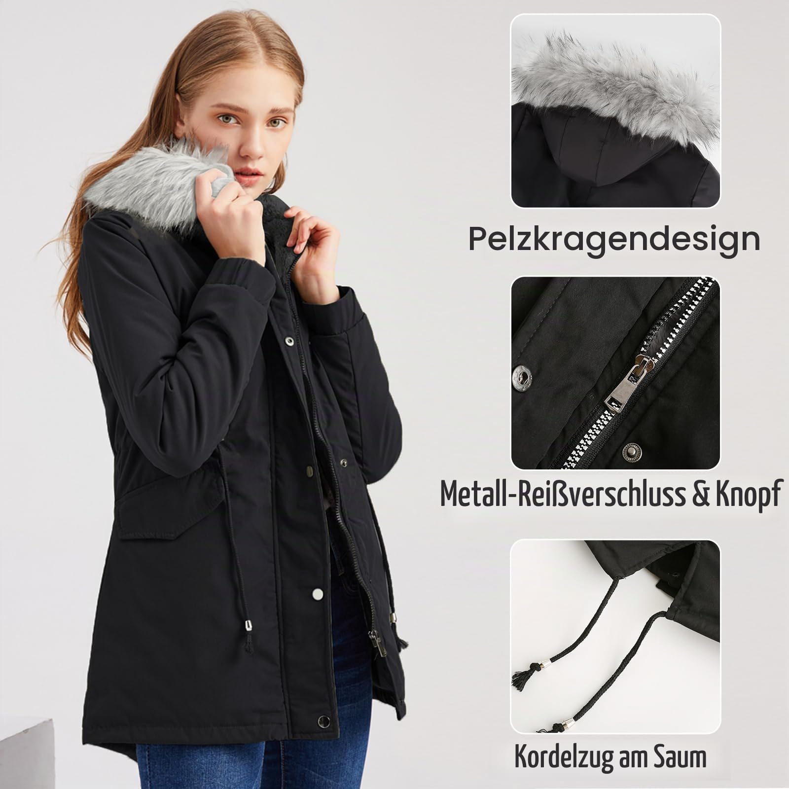 Tuopuda Winterjacke Damen Lang Wintermantel Warm Winter Jacke mit Kapuze Reißverschluss Parka Fleece Gefüttert Mantel Langarm Hooded Jacket Schwarz Kapuzenjacke