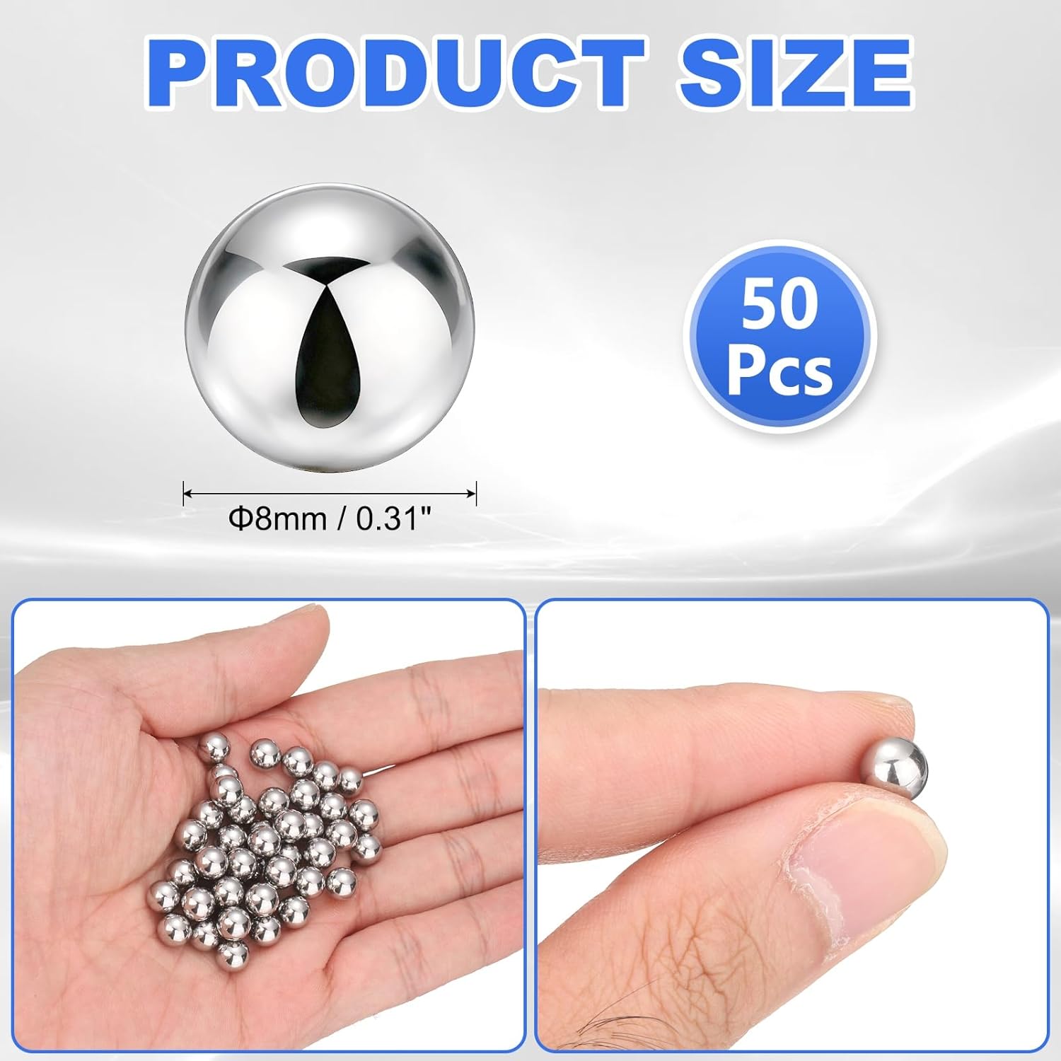 50-Pack Stainless Steel Bearing Balls, 8mm G100 Metal Precision Balls for Paint Mixing/Bicycle Bearing/DIY Crafts