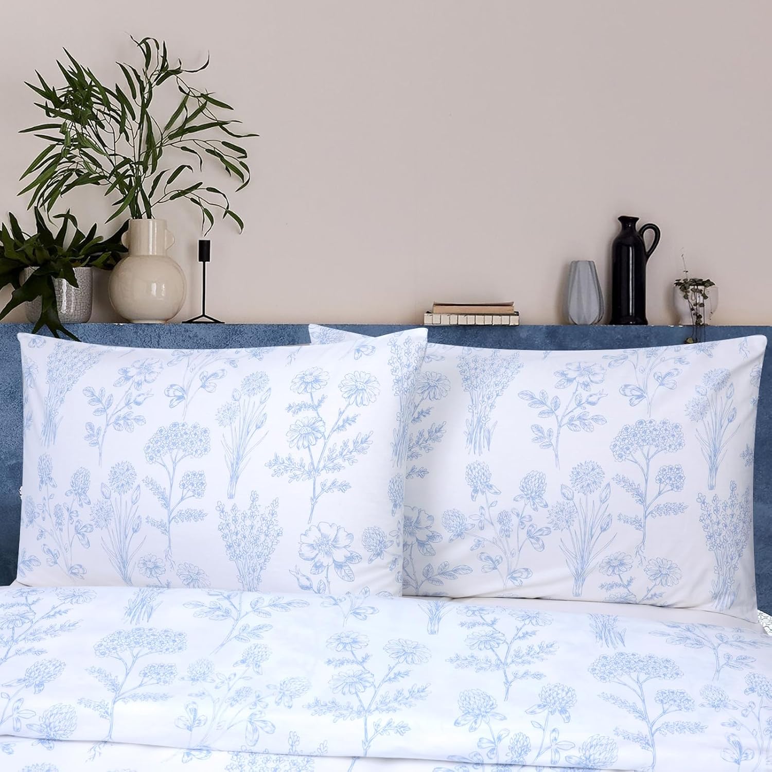 YINFUNG White Floral Duvet Cover Set Queen Blue Flower Cotton Wildflower Cottage Botanical Patterned French Country Girls Women Spring Summer All Season Duvet Cover Zipper Aesthetic Bedding Set - Image 4