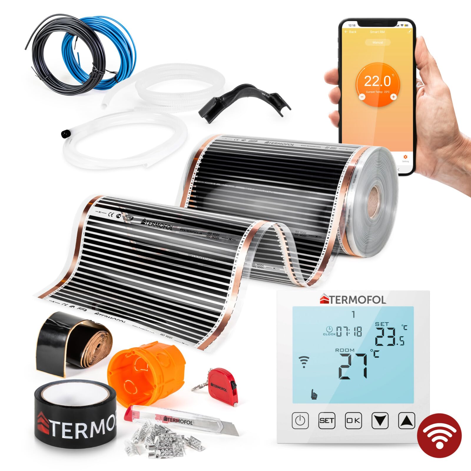 Termofol Calefacción eléctrica por suelo radiante 230 V – con termostato WiFi – Potencia 140 W/m2 – Superficie 2 m² – Calefacción por suelo radiante eléctrico Juego completo para calefacción de suelo,