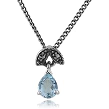 Gemondo USA Sterling Silver 925 Pear Shape Aquamarine & Marcasite with 45cm Cable Chain Necklace