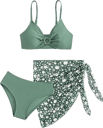 COZYEASE Girls 3 Piece Bikini Set Ditsy Floral Print Wireless Swimsuit with Beach Skirt