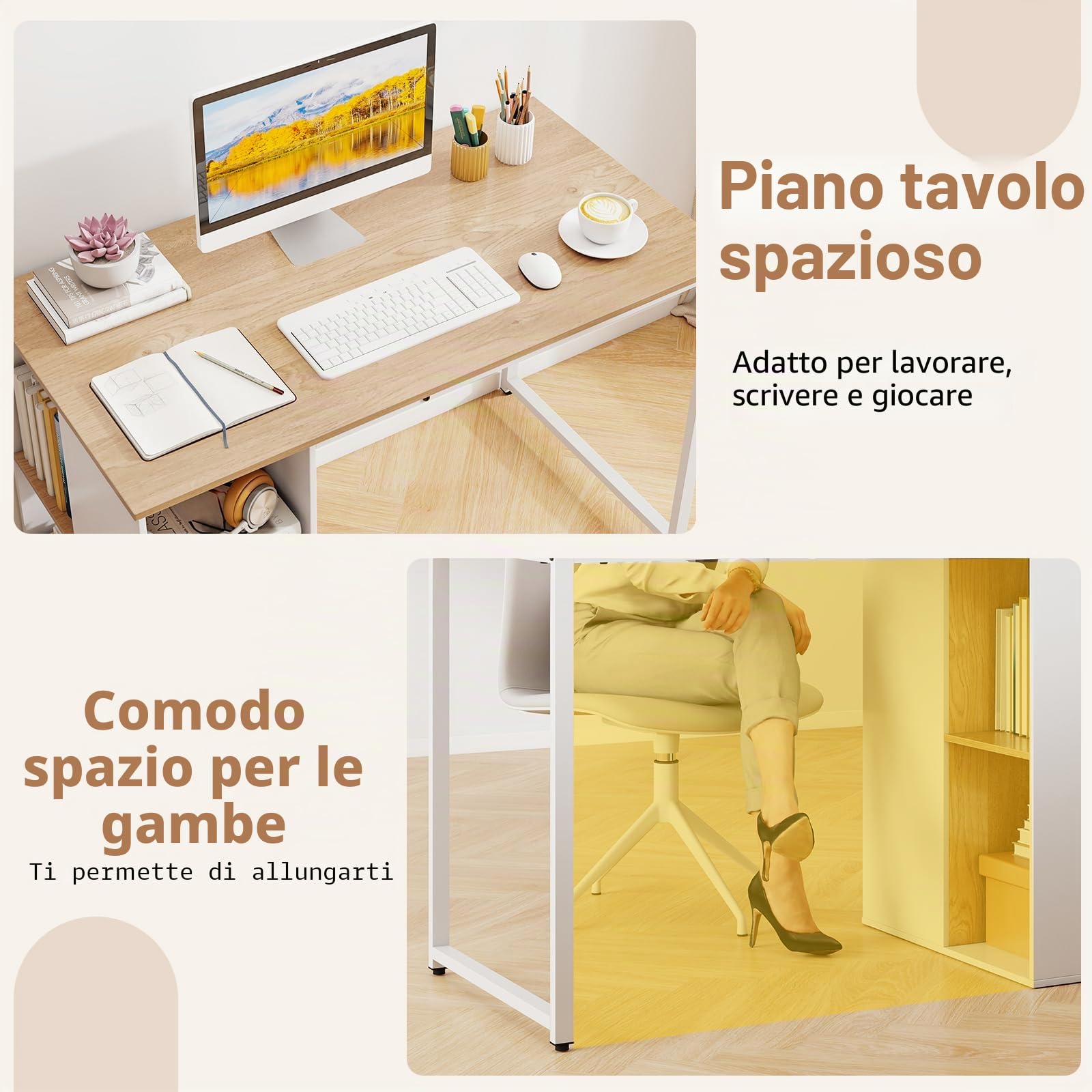 FANTASK Scrivania, 115 x 59 cm, scrivania per computer con vano portaoggetti e telaio in metallo, moderno tavolo da ufficio con 5 ripiani, tavolo per PC per camera da letto, studio (naturale + bianco)