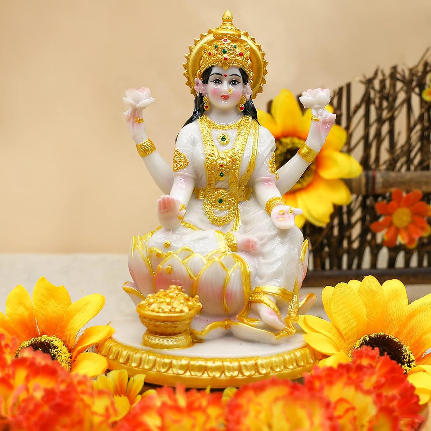 alikiki Indian Goddess Meditation Lakshmi Figurine - 5.7”H Marble Look Murti Laxmi Idol Statue for Home Office Temple Mandir Pooja Item Puja Decor Diwali Gifts Indian Spiritual Decor Gift