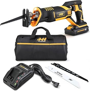 MOTORHEAD 20V ULTRA Cordless Reciprocating Saw, Lithium-Ion, Tool-Free Blade Change & Guard, 1 Stroke, 0-3000 SPM, Variable Speed Trigger, 2Ah Battery, Quick Charger, Bag, 2 Blades, USA-Based
