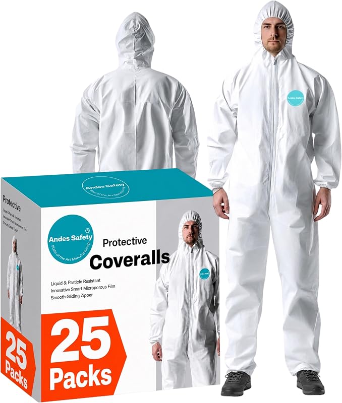 Andes 25 Pack Hazmat Suits, Paint Suits, Lab Coveralls | Andes 25 Pack Hazmat Suits, Heavy Duty Full Body Disposable Paint Suits, Lab Coveralls with Hood, Elastic Wrists