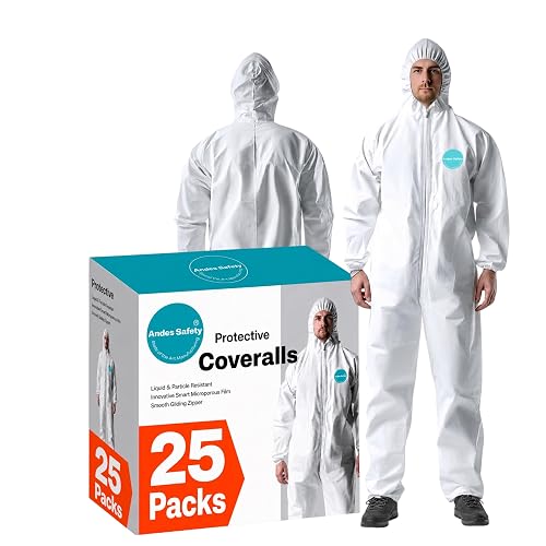 Andes 25 Pack Hazmat Suits, Paint Suits, Lab Coveralls | Andes 25 Pack Hazmat Suits, Heavy Duty Full Body Disposable Paint Suits, Lab Coveralls with Hood, Elastic Wrists