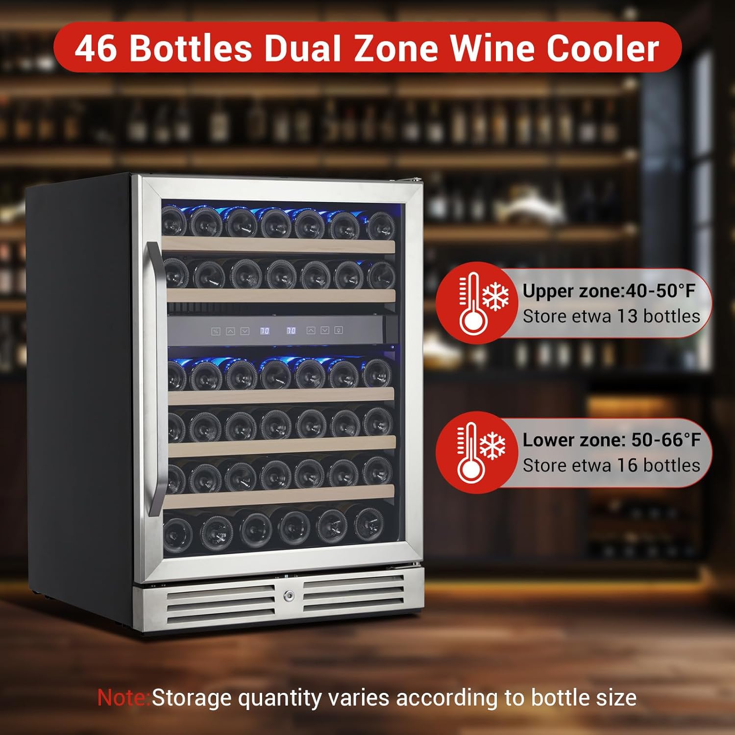 46 Bottle Dual Zone Wine Cooler Refrigerator, 24 Inch Stainless Steel Built-in Freestanding Wine Fridge with Lock and Removable Shelves, Under Counter Wine Cellar with Double-Layer Tempered Glass