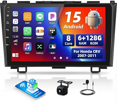 8 Core 6+128G Android 15 Car Radio for Honda CRV 2007-2011,9" 1280 * 720 IPS Touchscreen Car Stereo with Wireless Carplay/Android Auto, Bluetooth 5.0 32-EQ GPS WiFi FM/RDS Split Screen USB