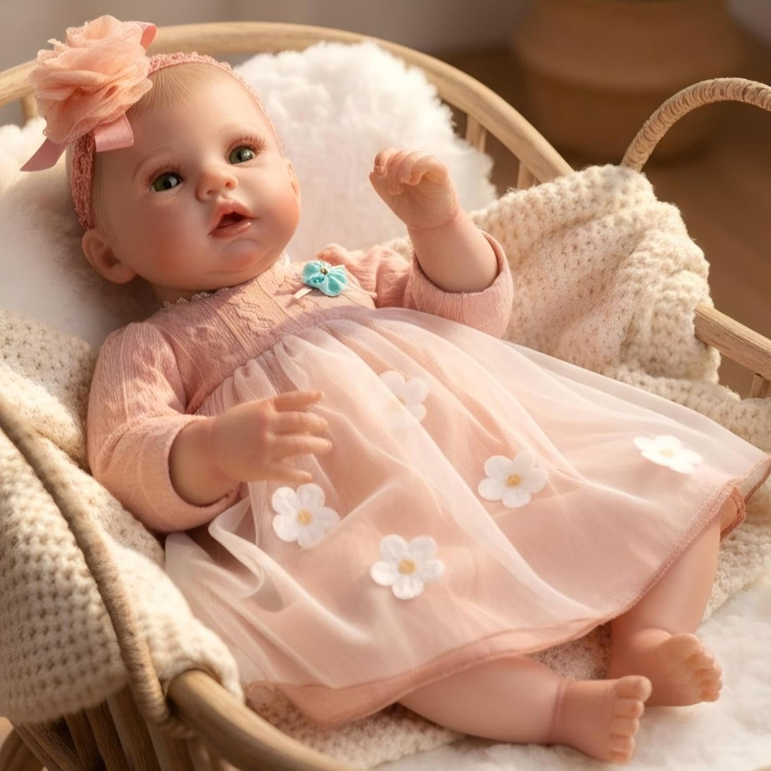 20inchs Vinyl ＆ Fabric Lifelike Reborn Baby Doll, Cute Open Eyes Newborn Doll with Removable Dress, Realistic Baby Doll with Magnetic Pacifier for 3+ Ages, Gifts