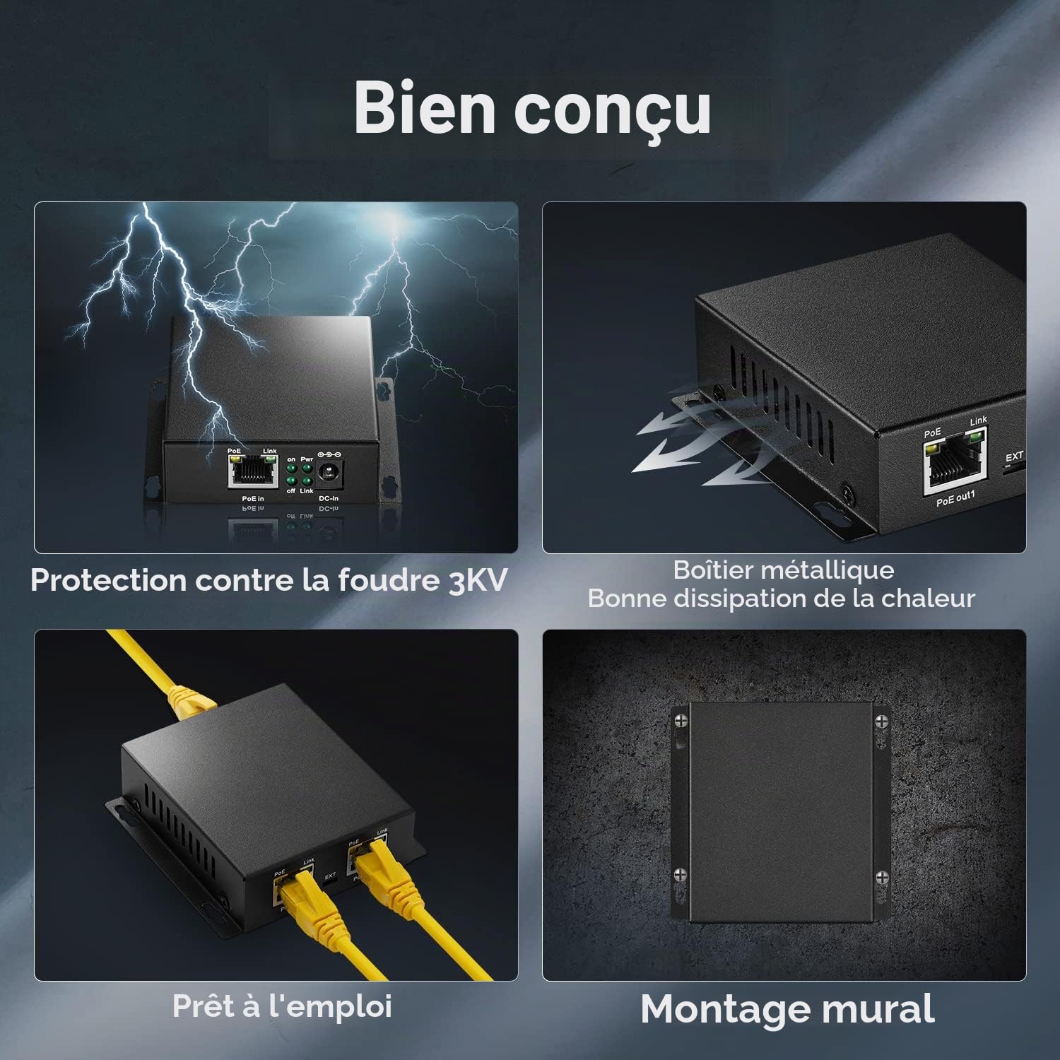 Extendeur PoE, 1 PoE en 2 Sorties PoE, IEEE802.3af/at PoE Powered, Ethernet 10/100Mbps, Metal Small Wall Mount PoE Extender/Injecteur/Network Extender