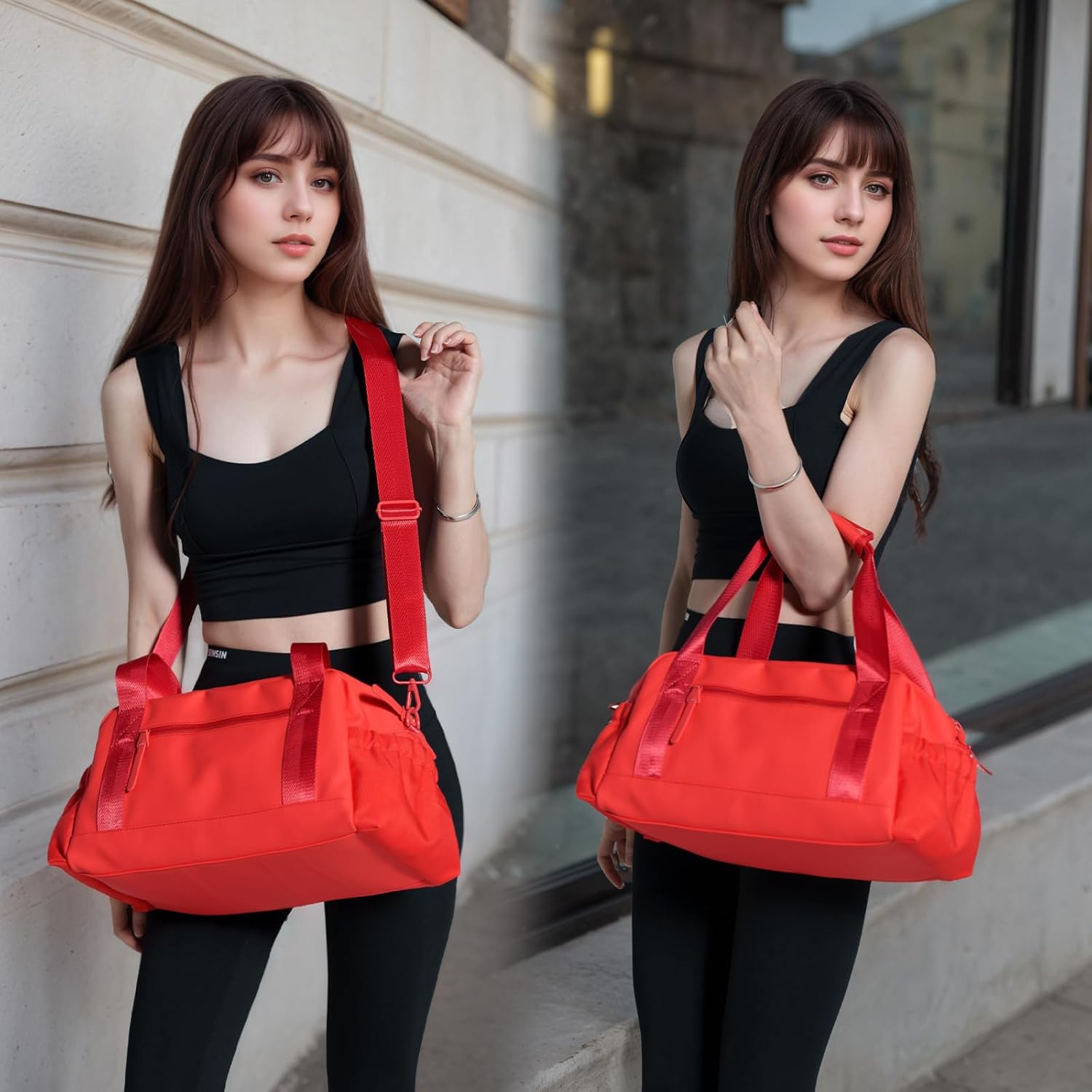 Small Gym Bag for Women, Mini Crossbody Gym Duffle Bag with Wet Compartment, Carry on Gym Tote Bag for Workout Dance Sport Travel (Medium-Red) - Image 2