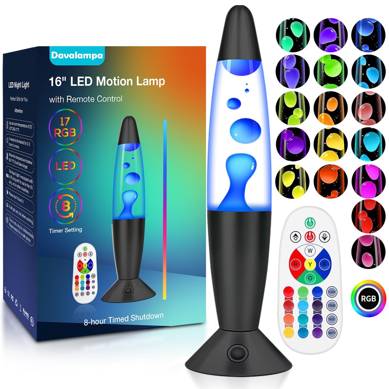 17 Colours Changing Large Black Liquid Motion Lamps with Remote: LED Smart Night Light for Kids Adults - Relaxing Table lamp Glitter Mood Lighting for Room Decor Birthday Gifts (Black Base, 16 Inch)
