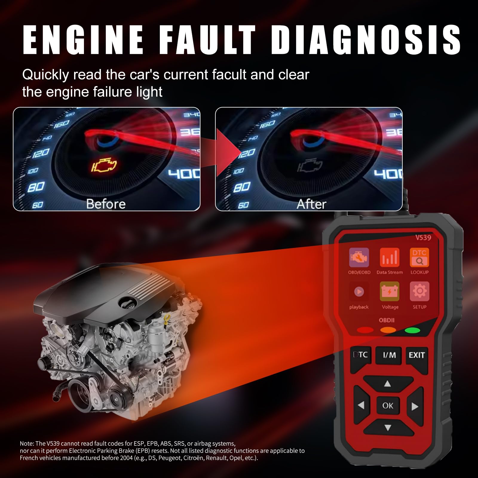 V539 OBD2 Diagnostic Voiture 2026 avec 40 000+ DTC, Diagnostic Voiture Multimarque avec Fonctions Complètes OBDII, Lecteur Codes Défaillance Moteur pour Véhicules à Essence Fabriqués Après 1996