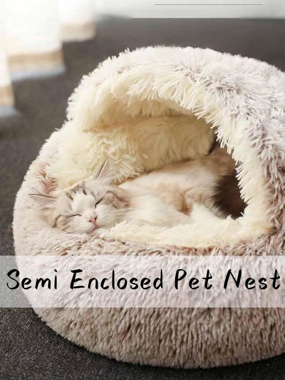 Fauven Calming Seashell Bed, Soft Cat Nest Bed, Lapcatz Nest Bed, Thickened and Warm Anti-Slip & Washable Fluffy Cat Bed for Small and Medium Dogs Cats (Coffee, 50cm)