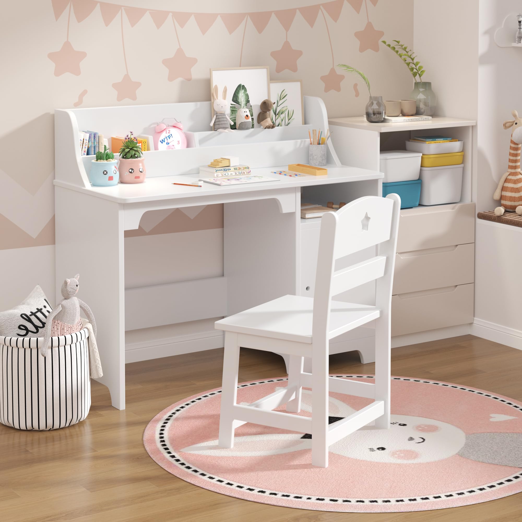 Garvee Kinder Schreibtisch mit Stuhl, MDF Lernschreibtisch Set für Kinder, Weißer Kinderschreibtisch mit Stauraum, Schreib- & Maltisch für Kinderzimmer, Stabil & Pflegeleicht