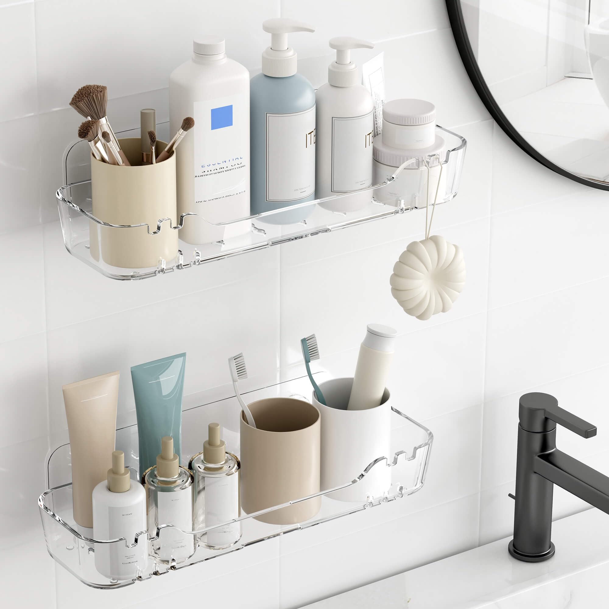 TZAMLI Acrylic Shower Caddy Wall Mounted Adhesive Shelves with Lip No Drilling Shower Organizer Clear Shelf for Bathroom