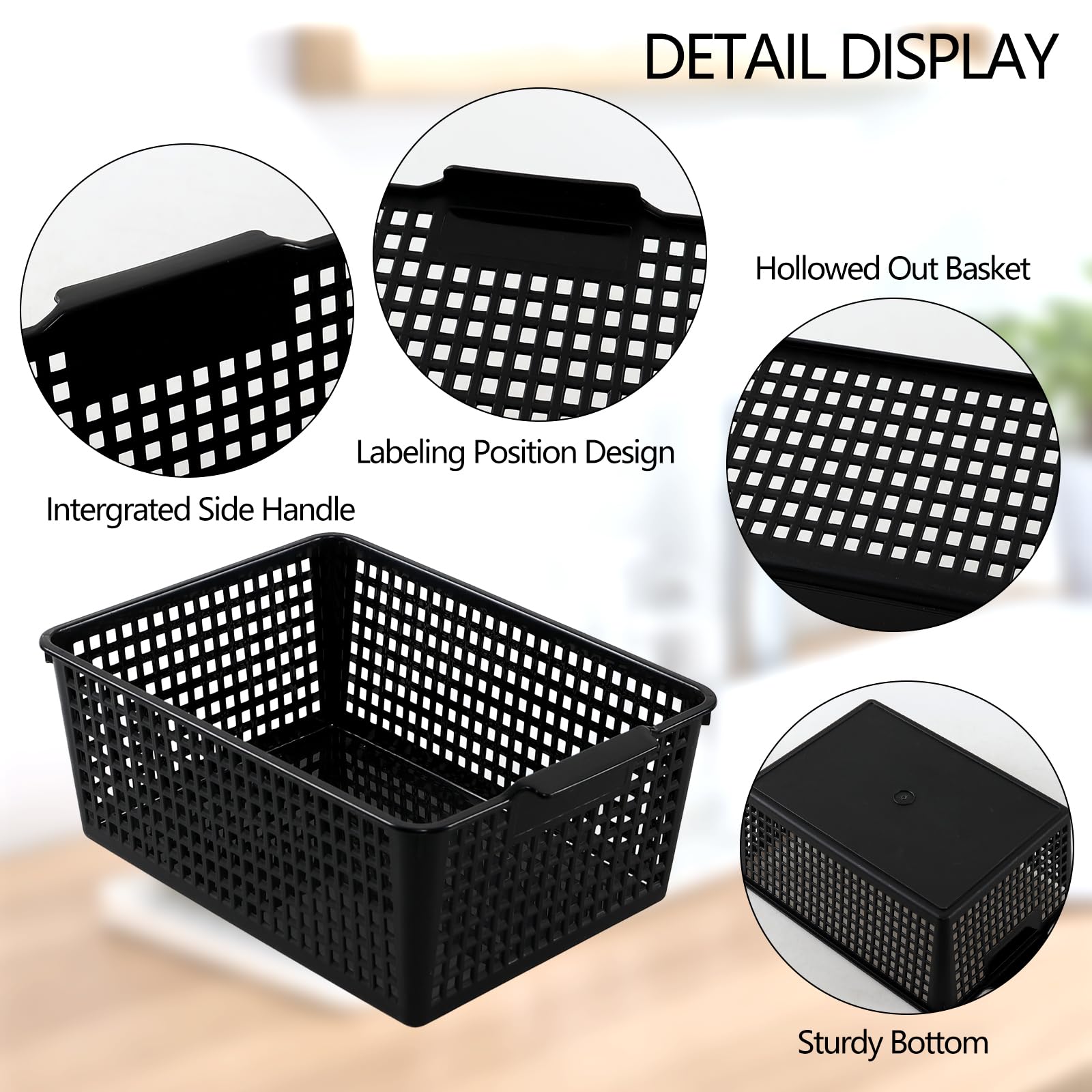 Juego de 6 cestas de almacenamiento tejidas de plástico, cestas de almacenamiento negras para armario de cocina