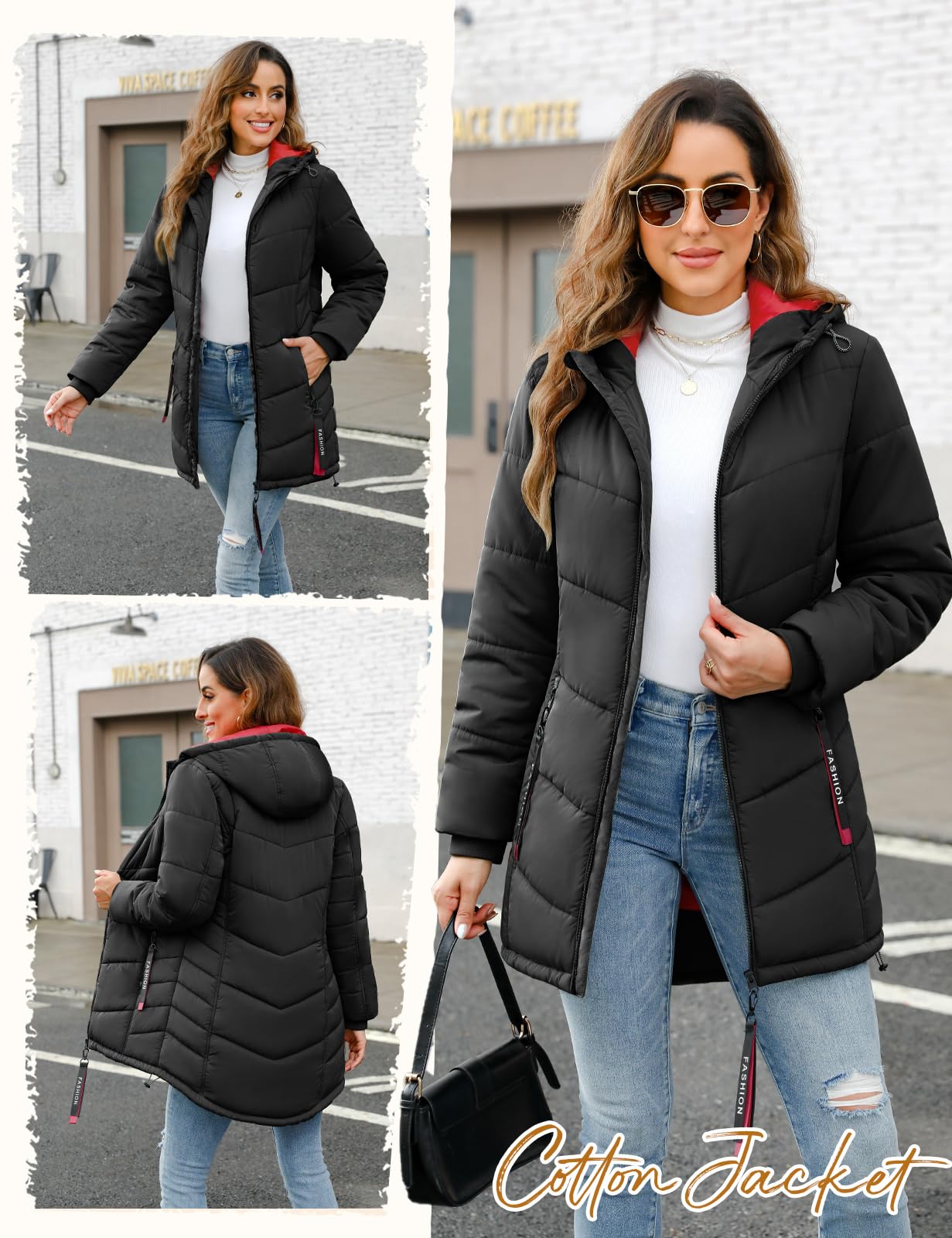 Yuson Girl Abrigo Mujer Invierno Acolchado Abrigos Largo y Viento Chaqueta con Capucha Puffer de Algodón Parka Cálido Otono Exteriores Ligero Outwear con Cremallera Bolsillos