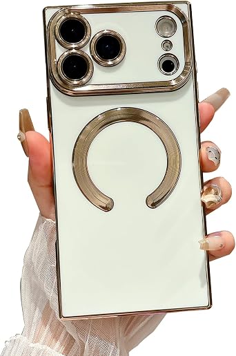 Omio Rectangle Case for iPhone 17 Pro Max Compatible with MagSafe, Luxury Plating Magnetic Cover with Rectangle Edges Soft TPU Silicone Full Body Case for Women Girls White