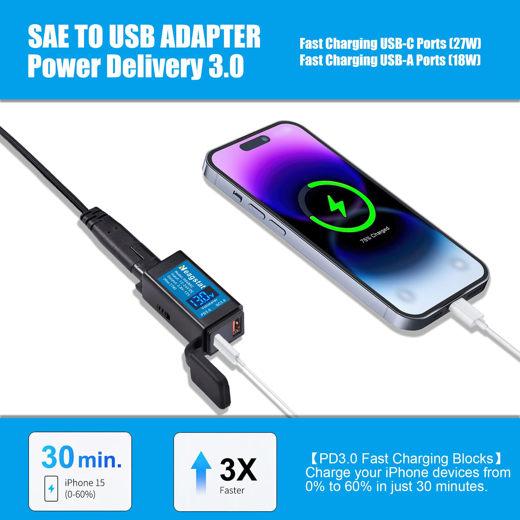 Heagstat H048AC Motorcycle USB PD3.0 Charger, SAE to USB-C and USB-A Port Adaptor, Compatible for Phone Tablet etc. with Voltmeter and Hand-Operated on/Off