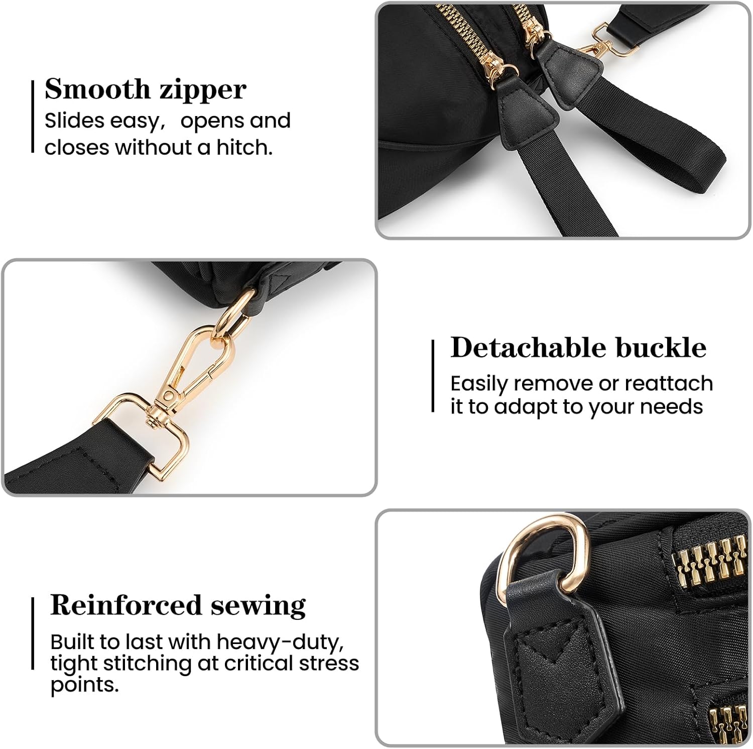 Nylon Crossbody Bags Bum Bag for Women Large Sling Bag Purse with Adjustable Strap（Black） - Image 5