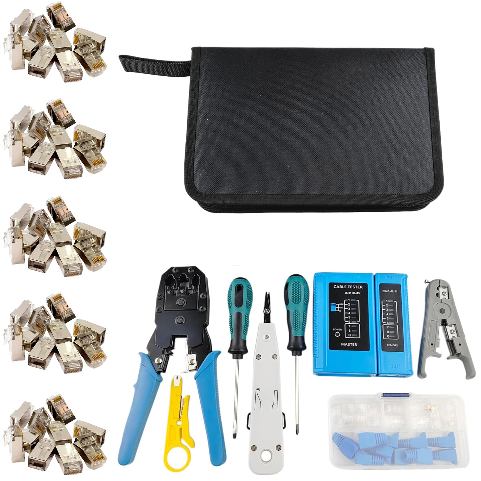 Network ToolKit with Zip Bag - RJ45 Crimping Tool, LAN Tester, Punch Down Tool, Stripping Knife, Mini Stripping Plier, Screwdrivers, RJ45 Metal Connectors (50 Pcs)-image-25