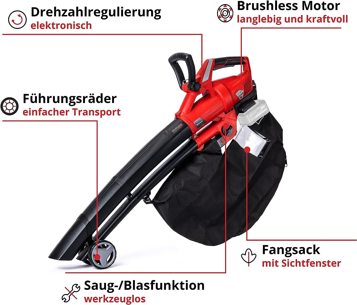 Einhell Akku-Laubsauger Laubbläser GE-CL 36 Li E-Solo Power X-Change (Lithium-Ionen, 2 x 18 V, 210 km/h Luftgeschwindigkeit, bürstenloser Motor, 45 l-Fangsack, Tragegurt, ohne Akku und Ladegerät)