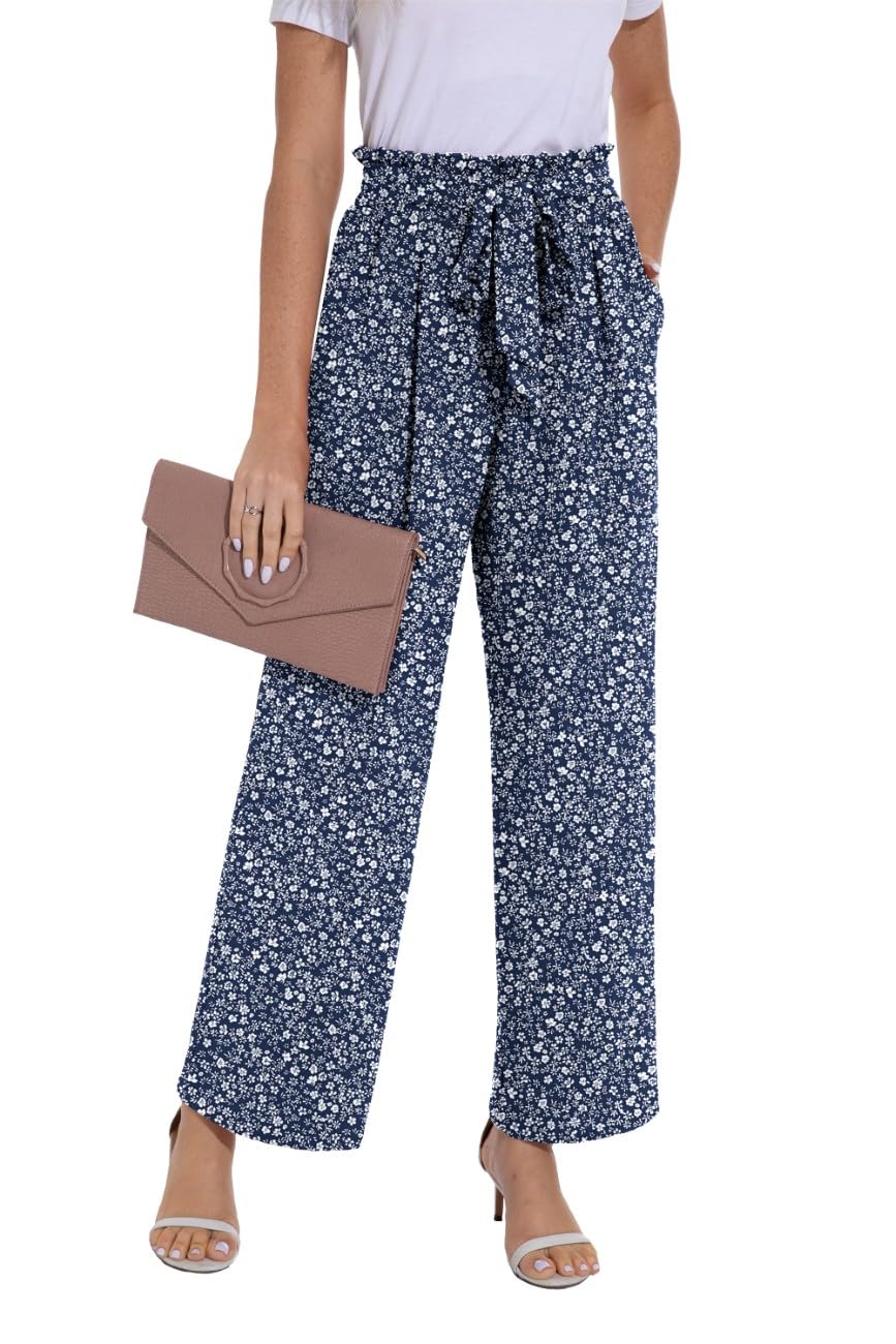 PrinStory Pantalon d'été léger à jambe large avec poches et taille élastique pour femme