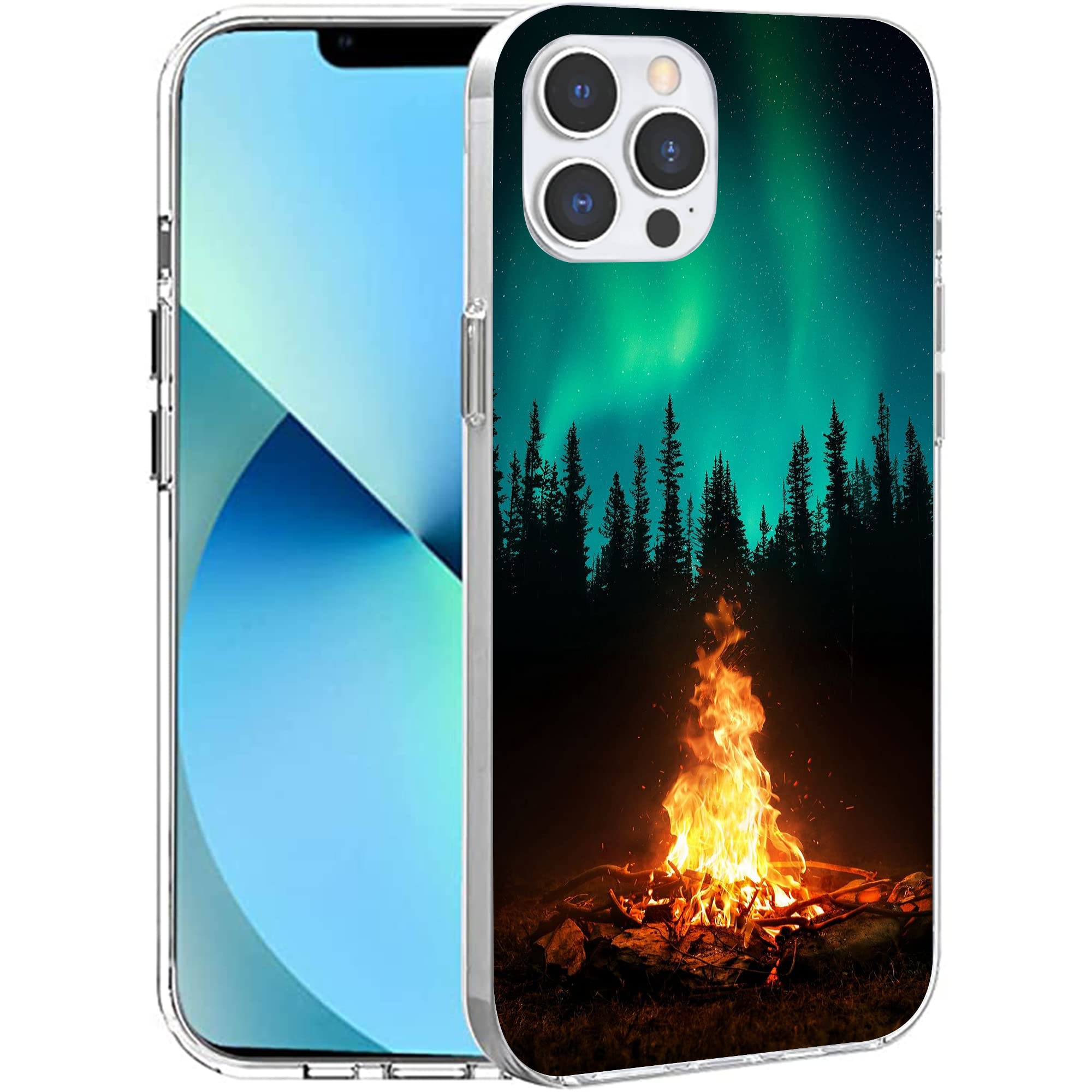 PINPNPZ Compatible with iPhone 13 Pro Max Case - Starry Polar Night Campfire in The Wilderness Design Shockproof Soft TPU Cover Case for Women Girls Boys Men