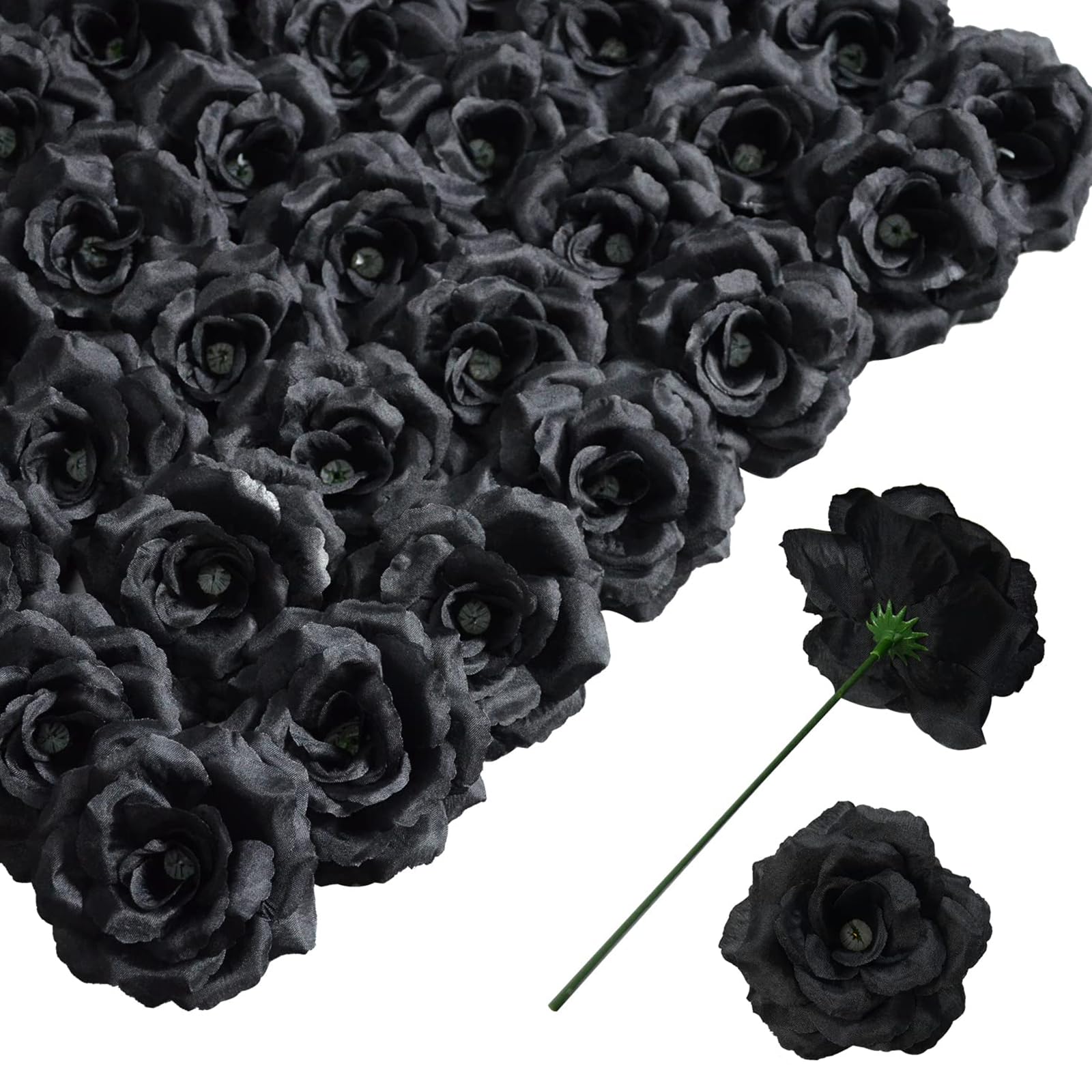 DH EYB Rose Artificial Flowers, 50Pcs Black Roses Head Flowers Bulk with Stem, 3 Inches Silk Rose Fake Flower Head for Wedding Party Home Decor DIY