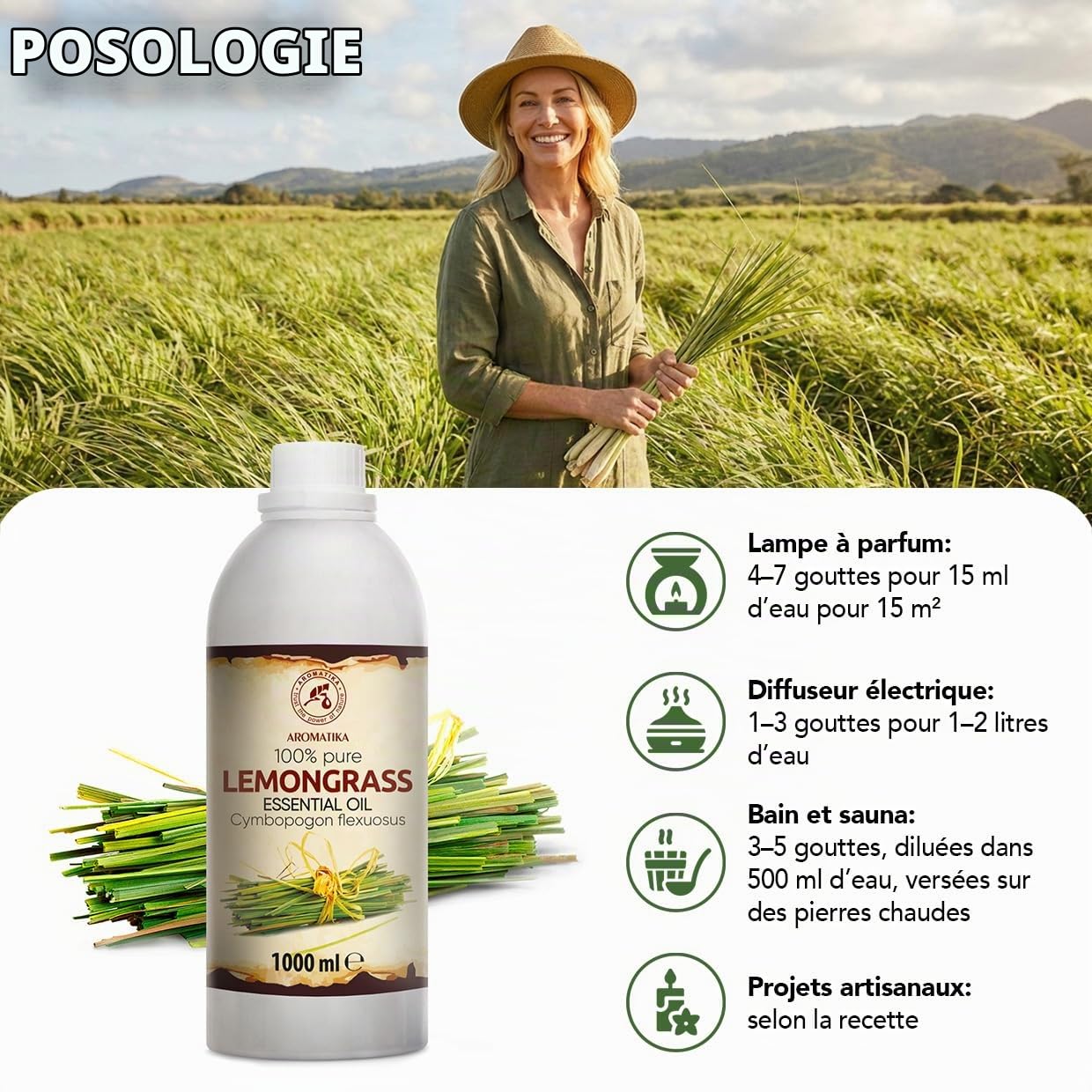 Huile Essentielle de Lemongrass 1000 ml - Cymbopogon Flexuosus - pour Diffuseur et Lampe Aroma - le Savon et les Bougies - Sauna - Parfums d'Intérieur - Arôme frais - Aromathérapie