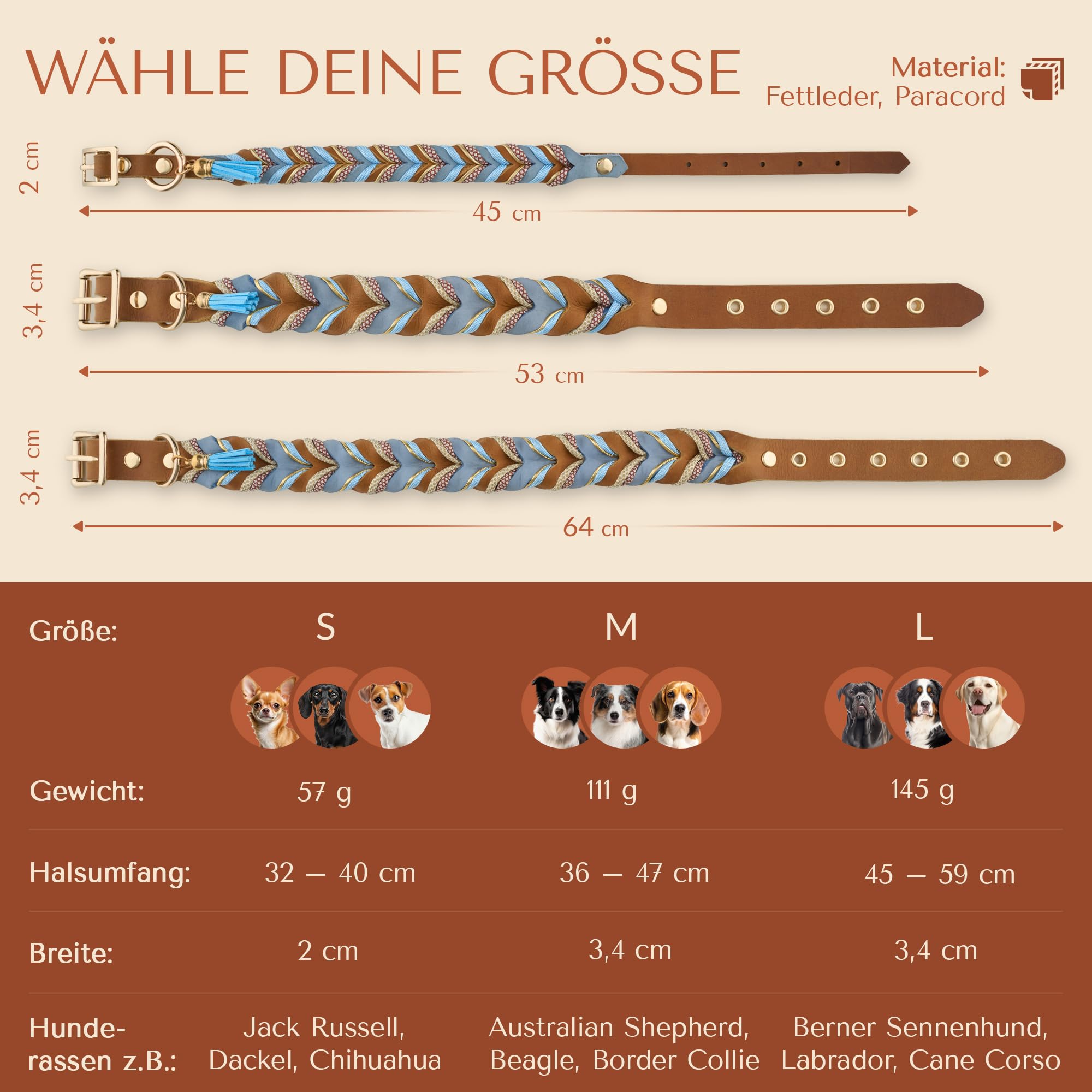 Hundehalsband (S) Leder & Paracord geflochten | Große, mittlere & kleine Hunde | 2cm breit | außergewöhnlich, ausgefallen | blau braun Gold | weiches Fettleder | Tau handgemacht