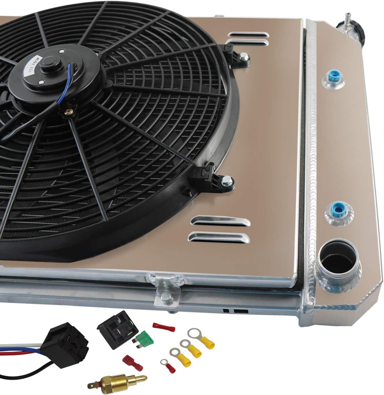 4 Row Aluminum Radiator + Shroud + Fan + Relay Fit 73-74 Buick&Chevy&Oldsmobile&Pontiac Apollo/Nova/Omega/Ventura 4.1L L6/5.0L 5.7L V8