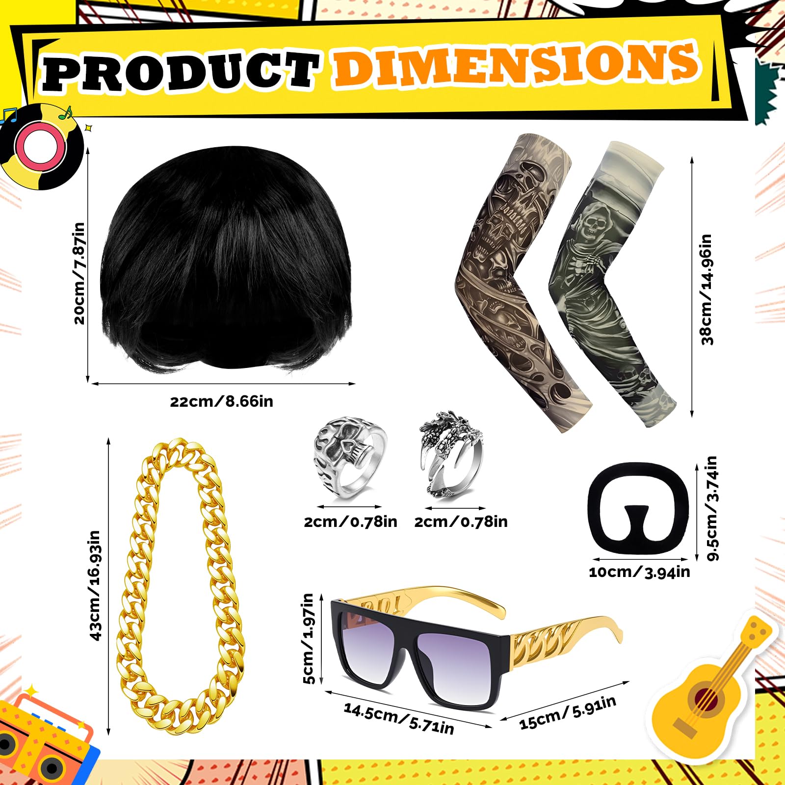 Athora 7Pcs Final Boss Costume Set for Adults, Bowl Cut Wig, Sunglasses, Fake Mustache, Necklace, Tattoo Sleeve,90s Meme Cosplay Ibiza Outfit, for Music Festivals Halloween Rave Party - Image 2