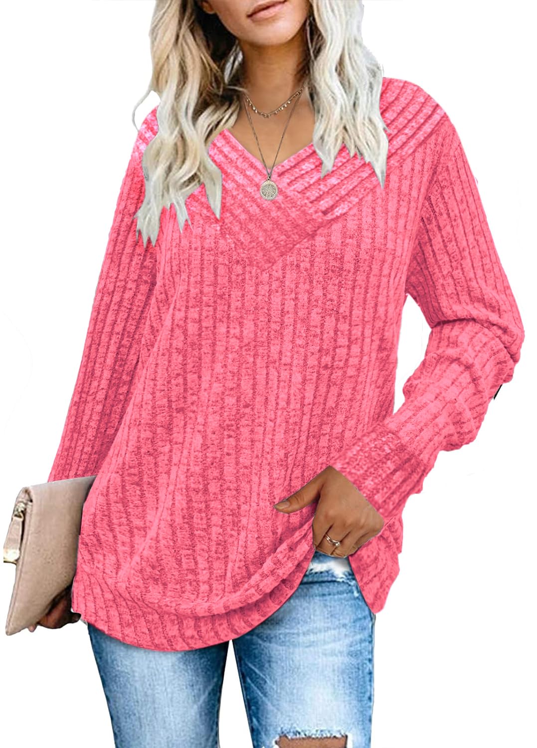 Women's Long Sleeve Tops Lightweight Soft Casual Ladies V Neck Jumpers Loose Fit