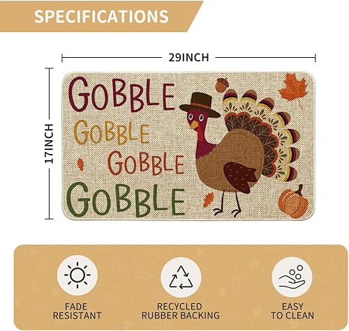 Miniatura 3 de Artoid Mode Gobble - Felpudo decorativo de pavo, estacional de otoño, Acción de Gracias, fiesta, de bajo perfil, tapete para interiores y