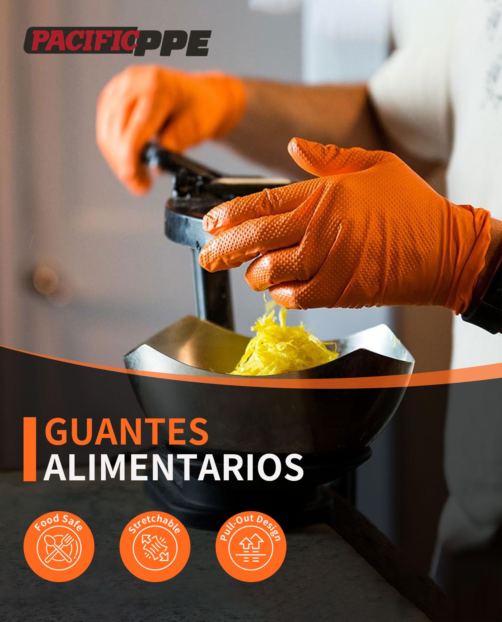 PACIFIC 8-mil Guantes Desechables de Nitrilo Naranja, Heavy-Duty, Industrial, Mecánico, Con Textura de Diamante, Sin Látex, Sin Polvo, EN 374, M/8