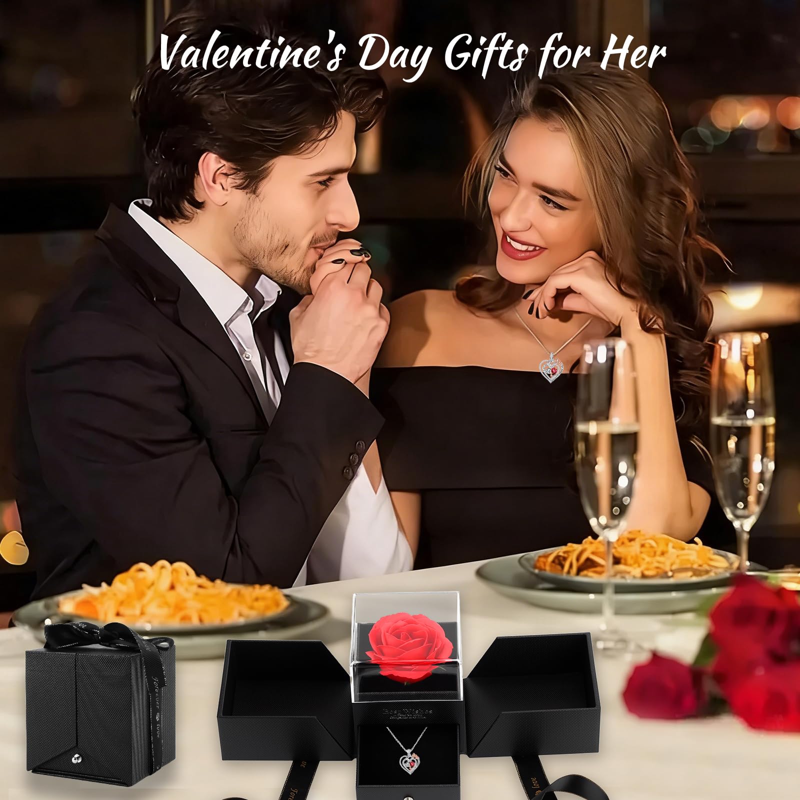 Rosa Eterna con Collana Cuore, Regalo San Valentino per Lei, Rose Stabilizzata per San Valentino Festa della Mamma Anniversario Compleanno & Natale, Idee Regalo Donna Mamma Fidanzata Moglie