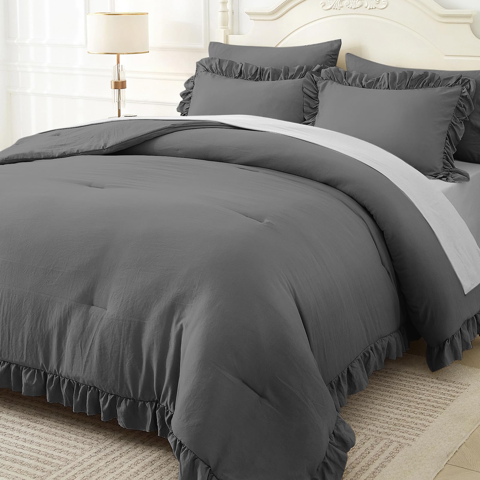 ARTALL Full/Queen Comforter Set Reyna Ruffled Comforter Sets 3 Pieces (1 Comforter and 2 Pillow Shams) Vintage Farmhouse Shabby Chic Bedding Soft Fluffy Comforter Set All Season, Dark Grey