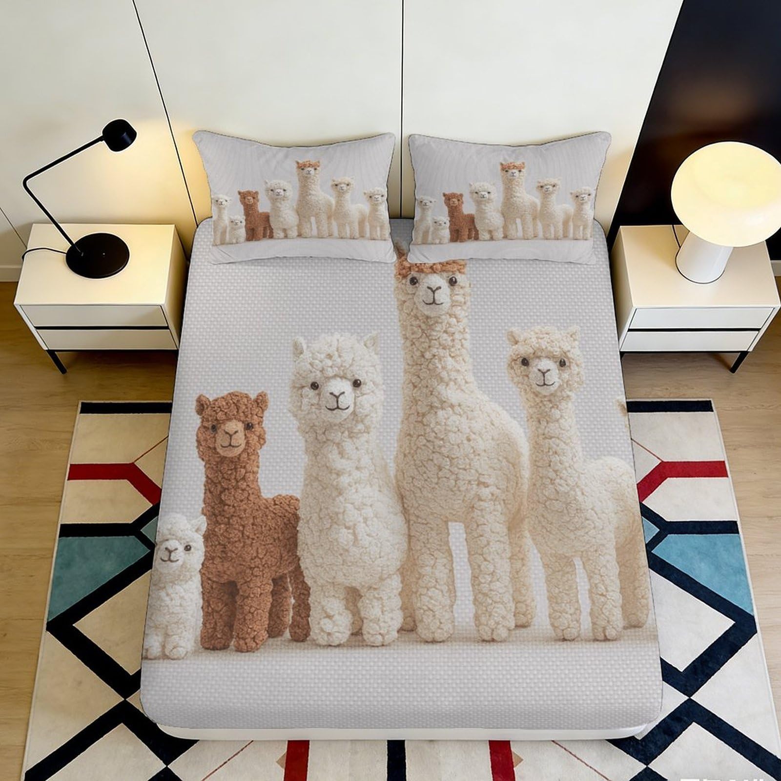 3D Printed Alpaca Fitted Sheet Microfiber Soft Breathable Cute Animal Bed Cover for Dormitory Guest Room Mattress Protection Decoration 180x200x25cm