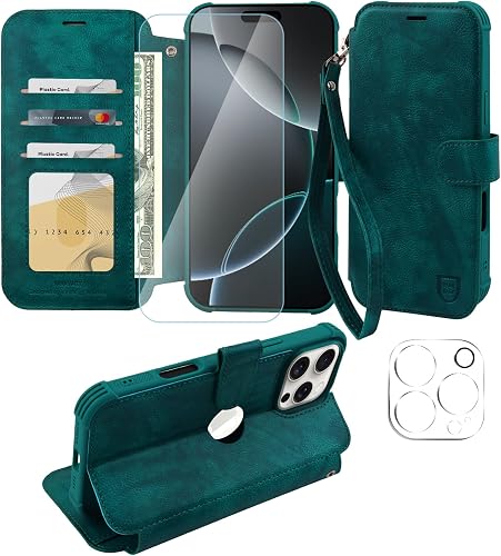 VANAVAGY Flip Wallet Case for iPhone 16 Pro 6.3 inch, Midnight Green